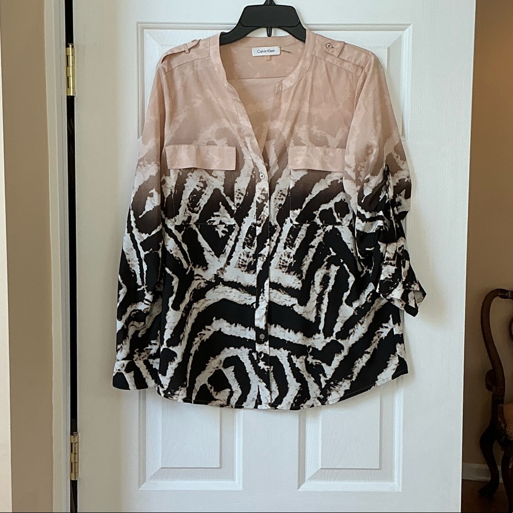Calvin Klein Ombre Zebra Print Button-Down Shirt in Beige and Black